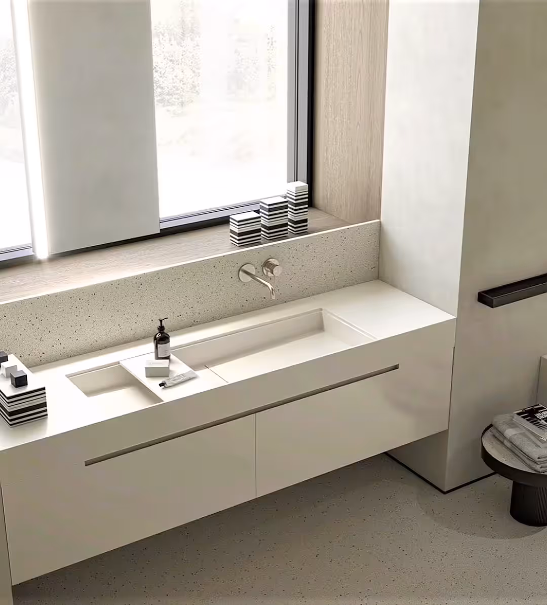 Corian bathroom sink and countertop with seamless integrated design